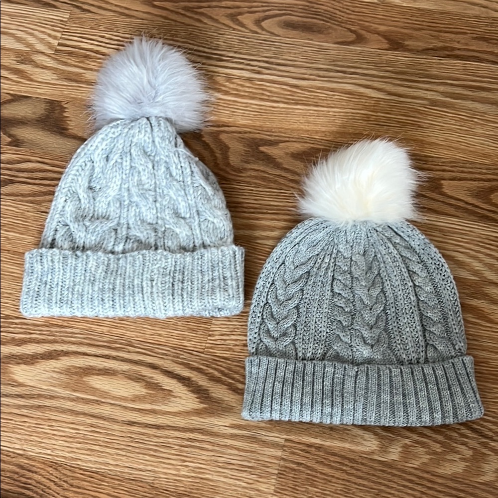 LOFT and J. Crew Women’s Gray and White Cable Knit Pom-Pom Hats set of 2